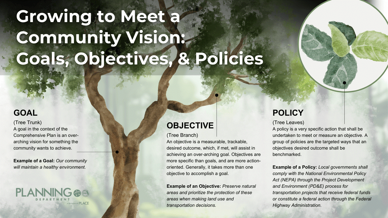 A comparison of the Goals, Objectives and Policies to a tree, with the trunk, branches and leaves representing the respective areas
